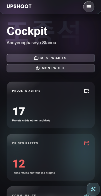 Écran d'accueil de l'app UpShoot
